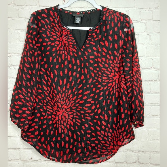 Liz Claiborne Career sheer sleeves red black metallic top blouse shirt, sz S - Picture 1 of 3